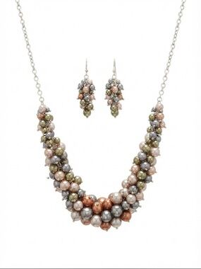 Multi-Tone Cluster Pearl Necklace and Drop Earrings - Multi Color